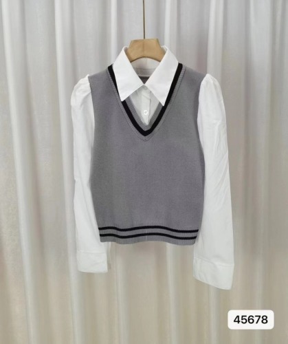 秋冬新款韩版学院风Polo领衬衣拼接假两件长袖上衣女