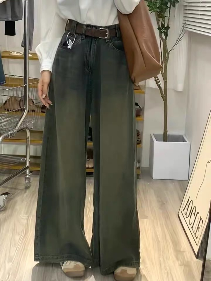 美式做舊高街闊腿牛仔褲女直筒寬鬆休閒垂感顯瘦高腰拖地長褲