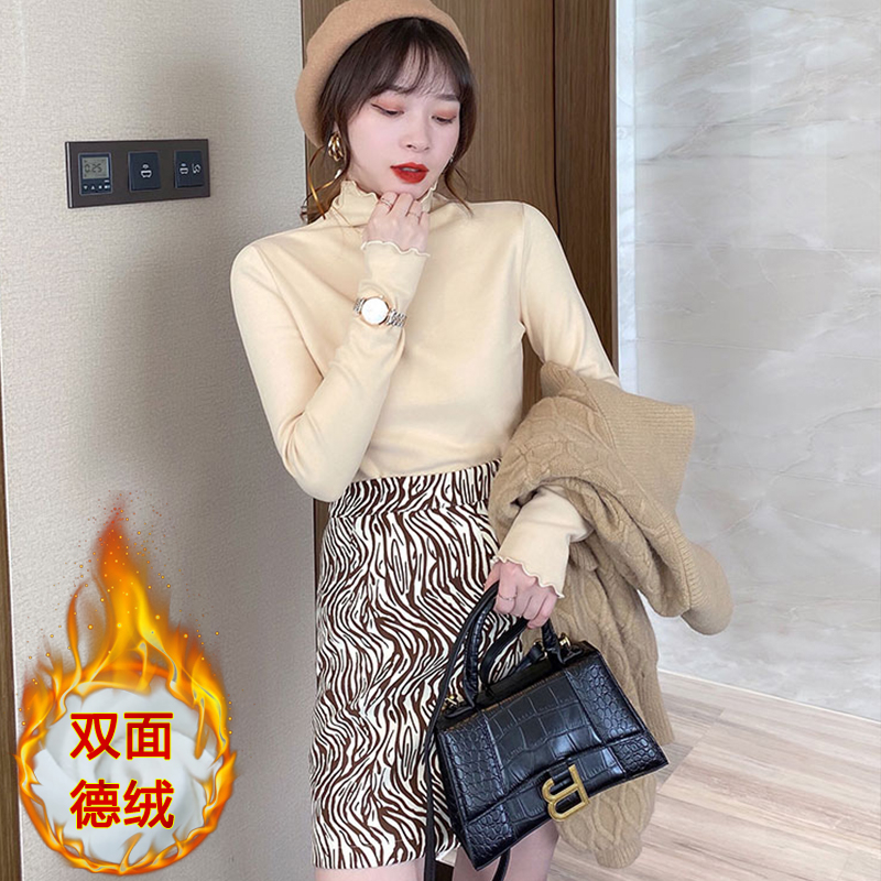 官圖 雙面德絨堆堆領高領保暖打底衫女長袖秋冬木耳邊T恤內搭上衣
