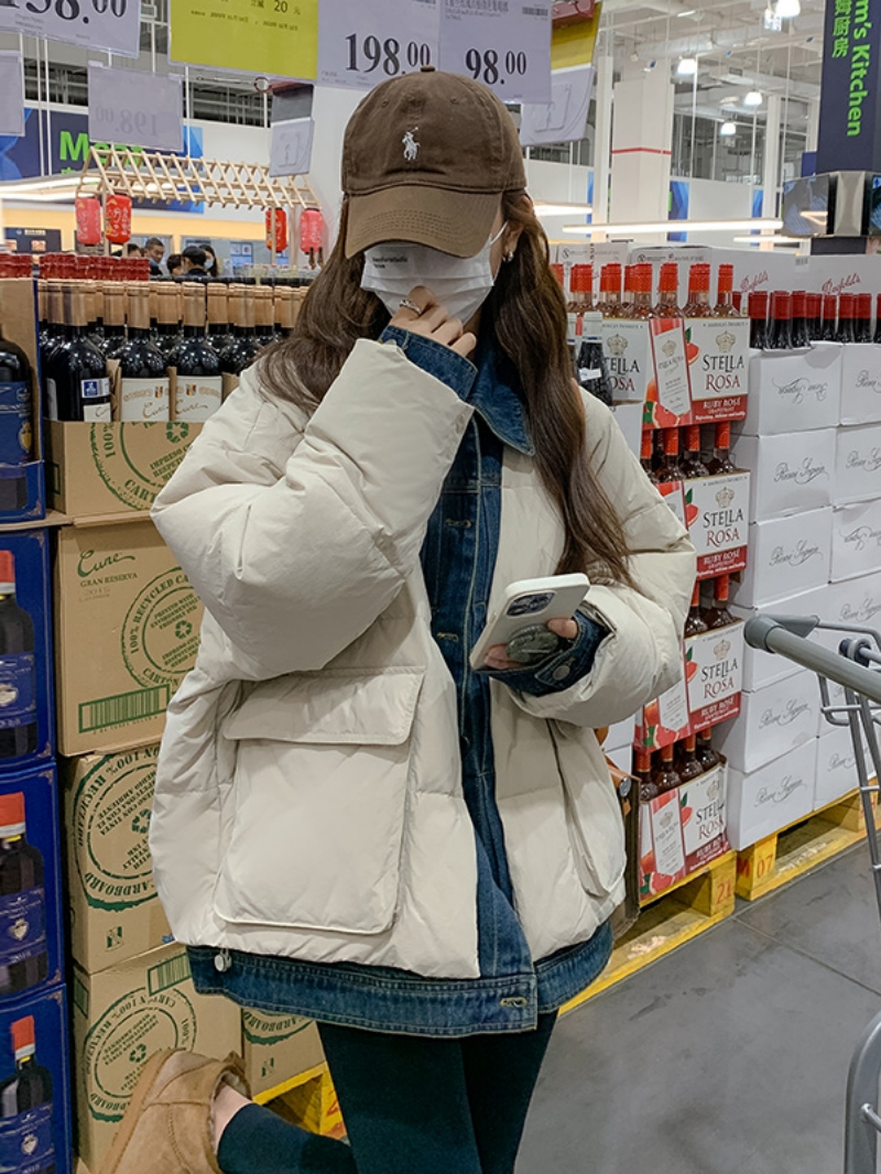 小個子設計感短款牛仔拼接羽絨服女冬季2023新款今年流行外套