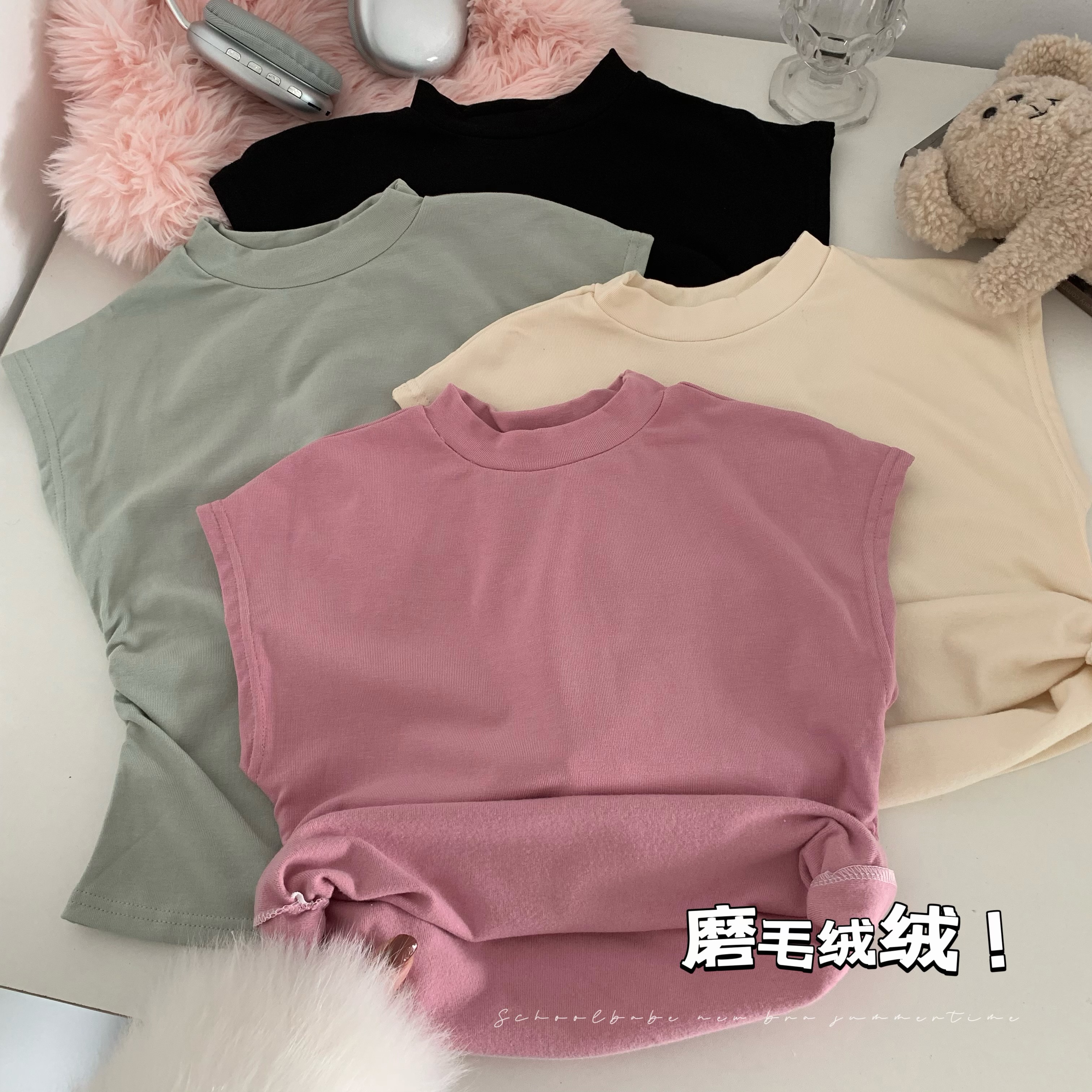 實拍純欲風磨毛絨半高領短袖T恤修身緊身顯瘦短款上衣打底衫
