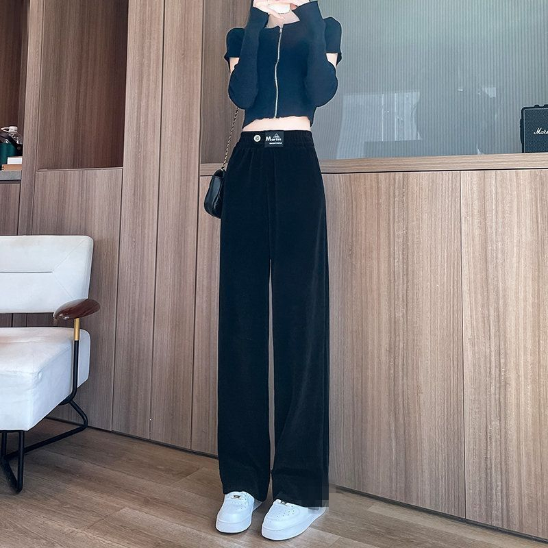 Black corduroy plus velvet thickened wide-leg pants for women new high-waisted straight loose slim casual long pants