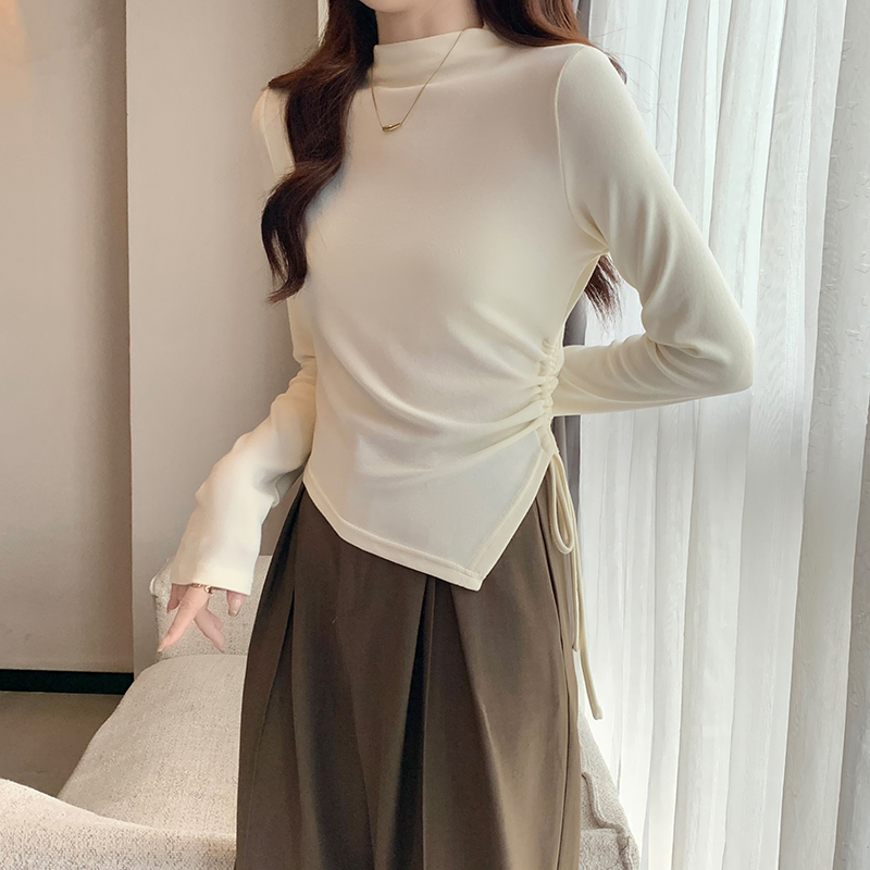 實拍不規則抽繩收腰長袖t恤女秋冬羊絨衫小立領修身短款上衣