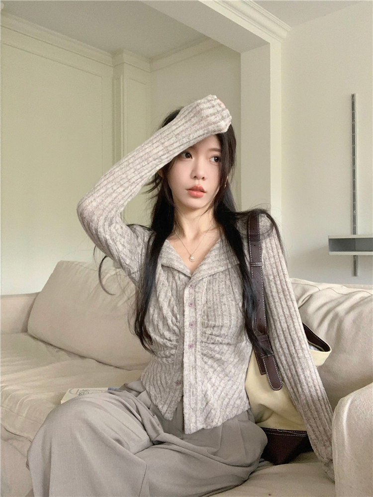 長袖辣妹針織衫女秋季別致褶皺修身顯瘦不規則上衣
