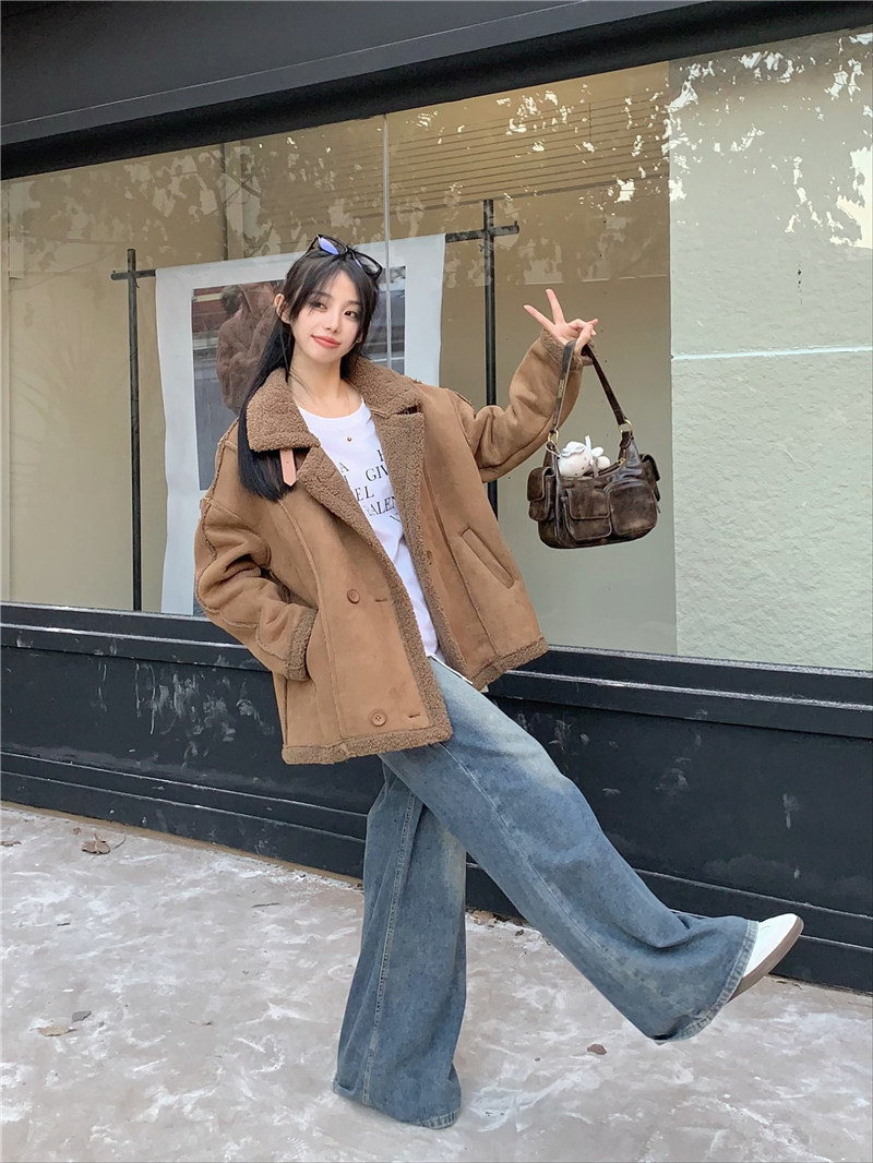 實拍皮毛一體羊羔毛外套2023冬季麂皮絨機車服夾克棉服外套女