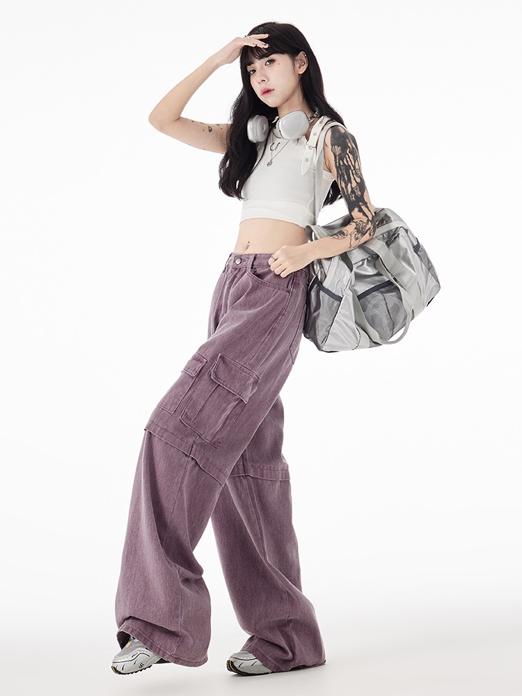 優質 2023韓版美式復古高腰紫色牛仔褲顯瘦拼接拖地大碼女裝