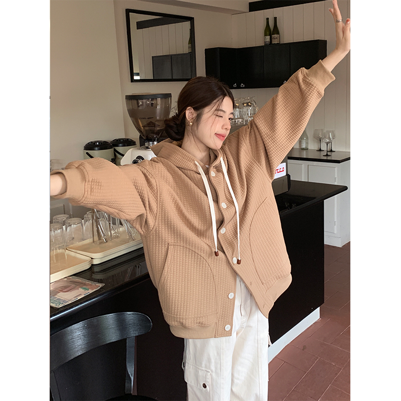 實拍男友風慵懶寬鬆小眾華夫格外套女2023韓版休閒中長款連帽上衣