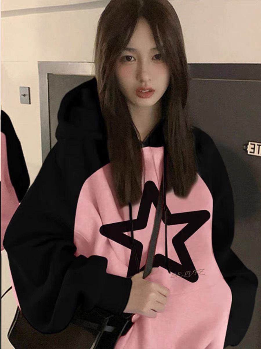 復古插肩袖連帽衛衣女秋冬新款加絨加厚慵懶風小個子情侶上衣外套