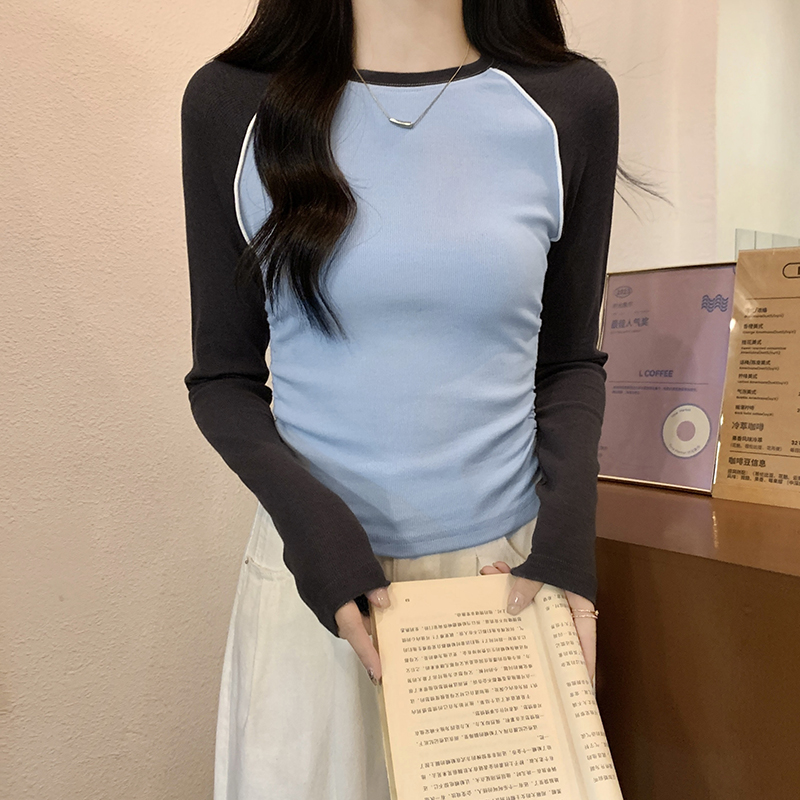 實拍美式辣妹撞色打底衫女秋季抽褶收腰長袖t恤緊身短款上衣
