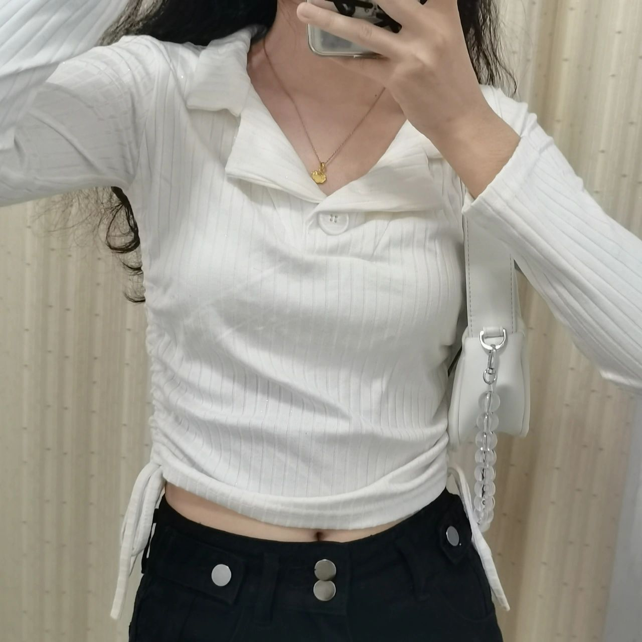原版面料早秋新款polo領抽繩長袖針織衫女設計感小眾內搭打底