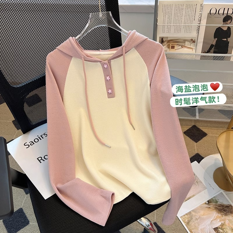 原版做工2023年春秋新款撞色連帽長袖衛衣女設計感抽繩上衣潮