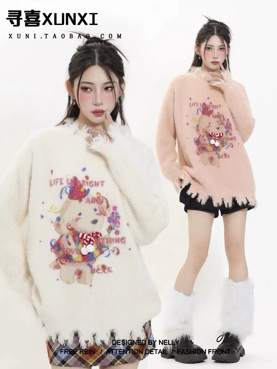 尋喜XUNXI 聖誕節小狗不規則針織衫毛衣女秋冬慵懶風馬海毛上衣