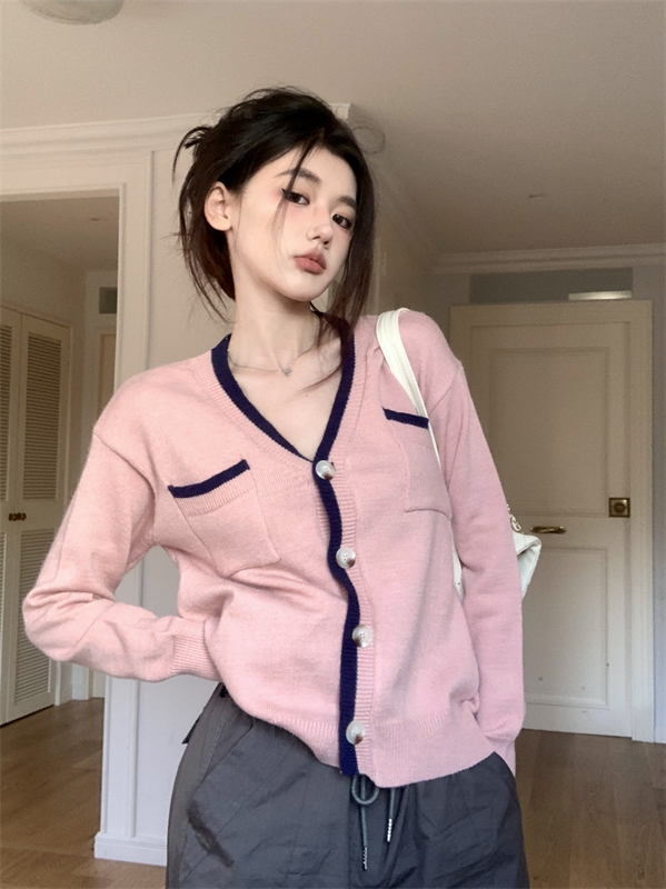 實拍 小香風秋冬新款拼色V領寬鬆針織開衫外套女