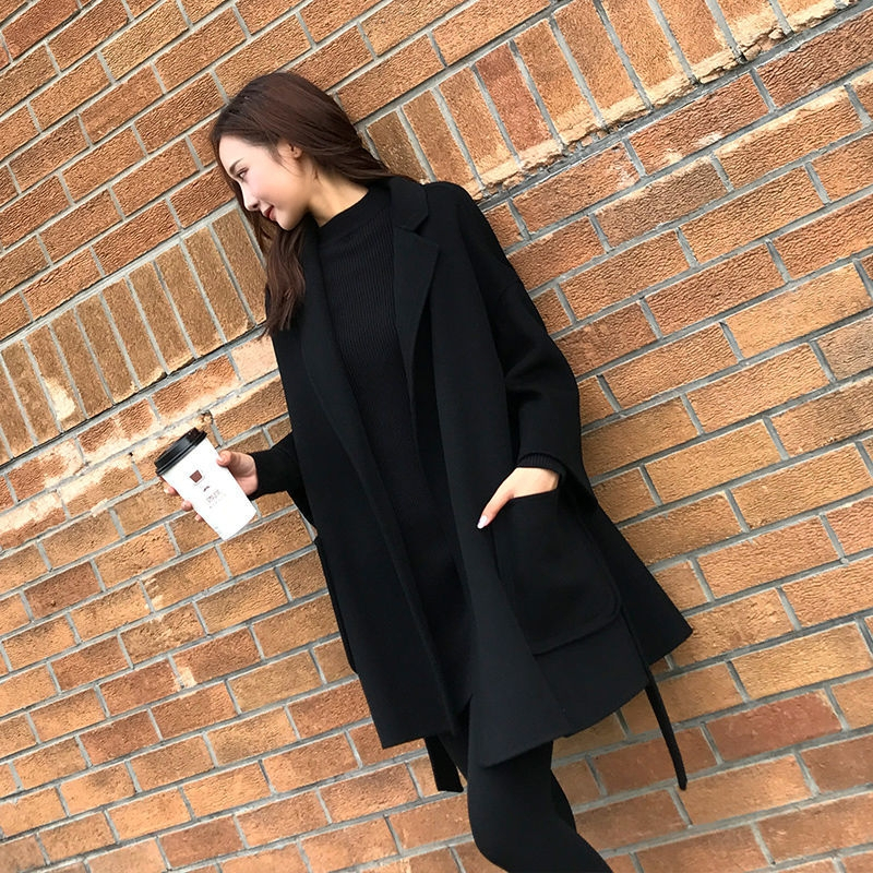 秋裝中長款毛呢外套標題外套薄款女系帶大碼寬鬆女大衣