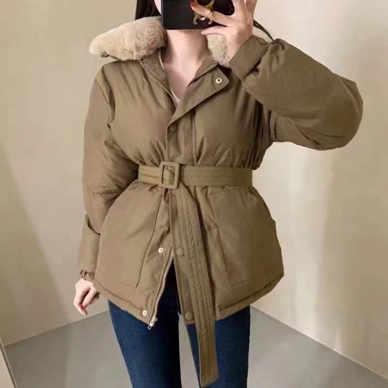 韓國chic復古毛絨翻領單排扣抽繩收腰顯瘦長袖棉服外套女