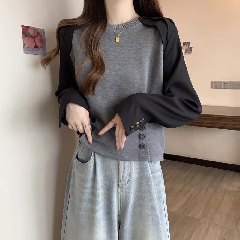 原版做工長袖T恤女2023秋打底衫胖mm顯瘦遮肚子洋氣設計感上衣
