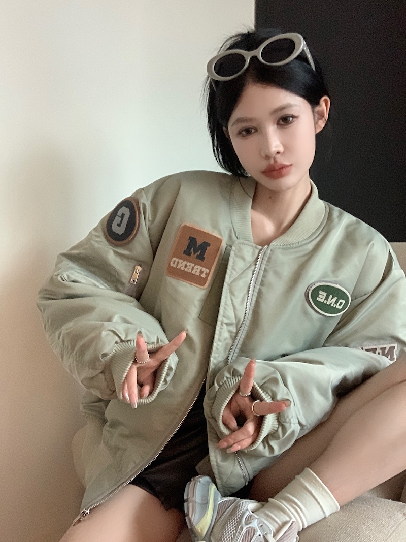 實拍 美式復古加厚夾棉貼圖長袖開衫棒球服百搭夾克棉衣棉服