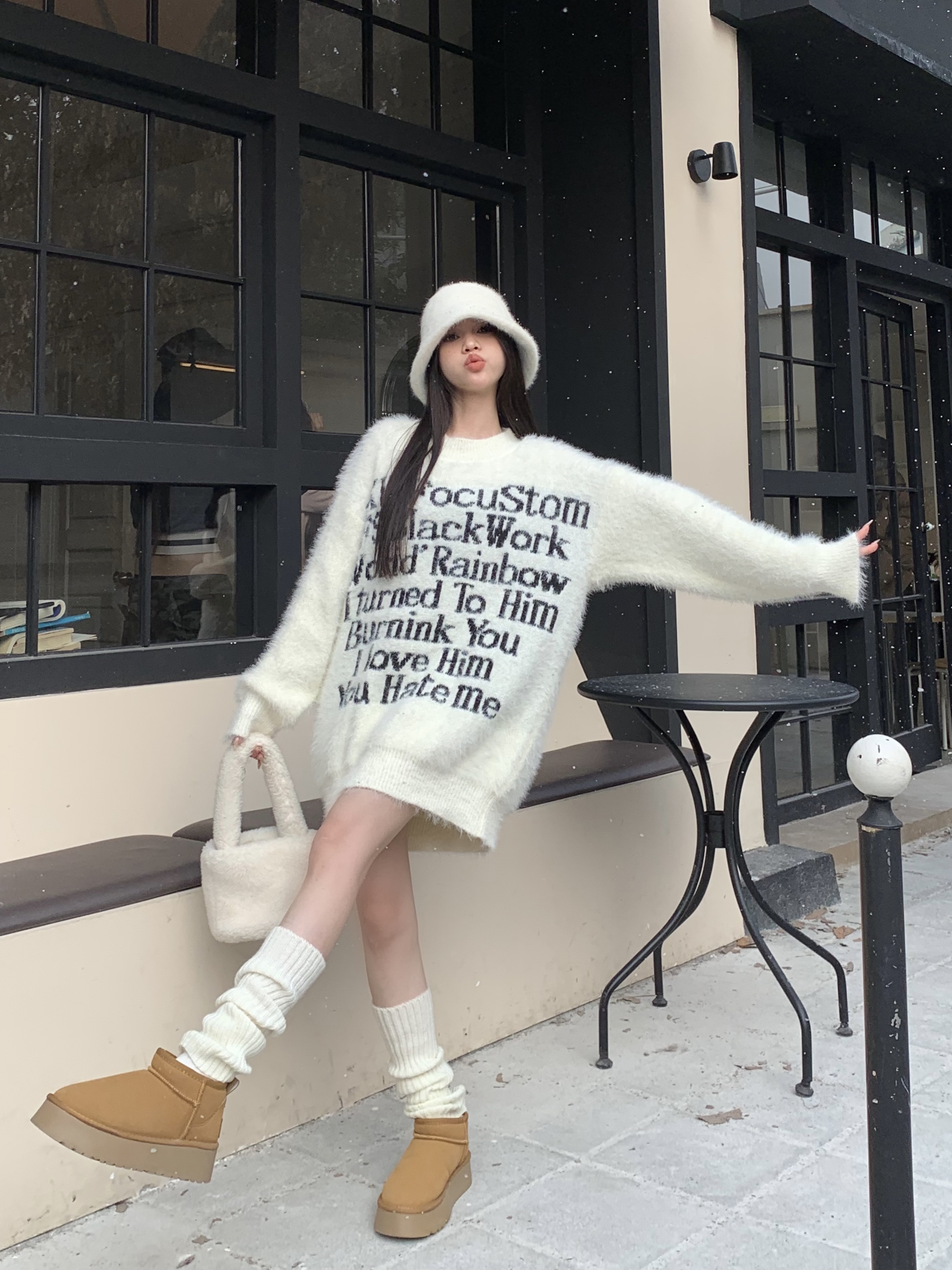 實拍 美式復古字母提花馬海毛圓領套頭毛衣女小眾針織衫上衣
