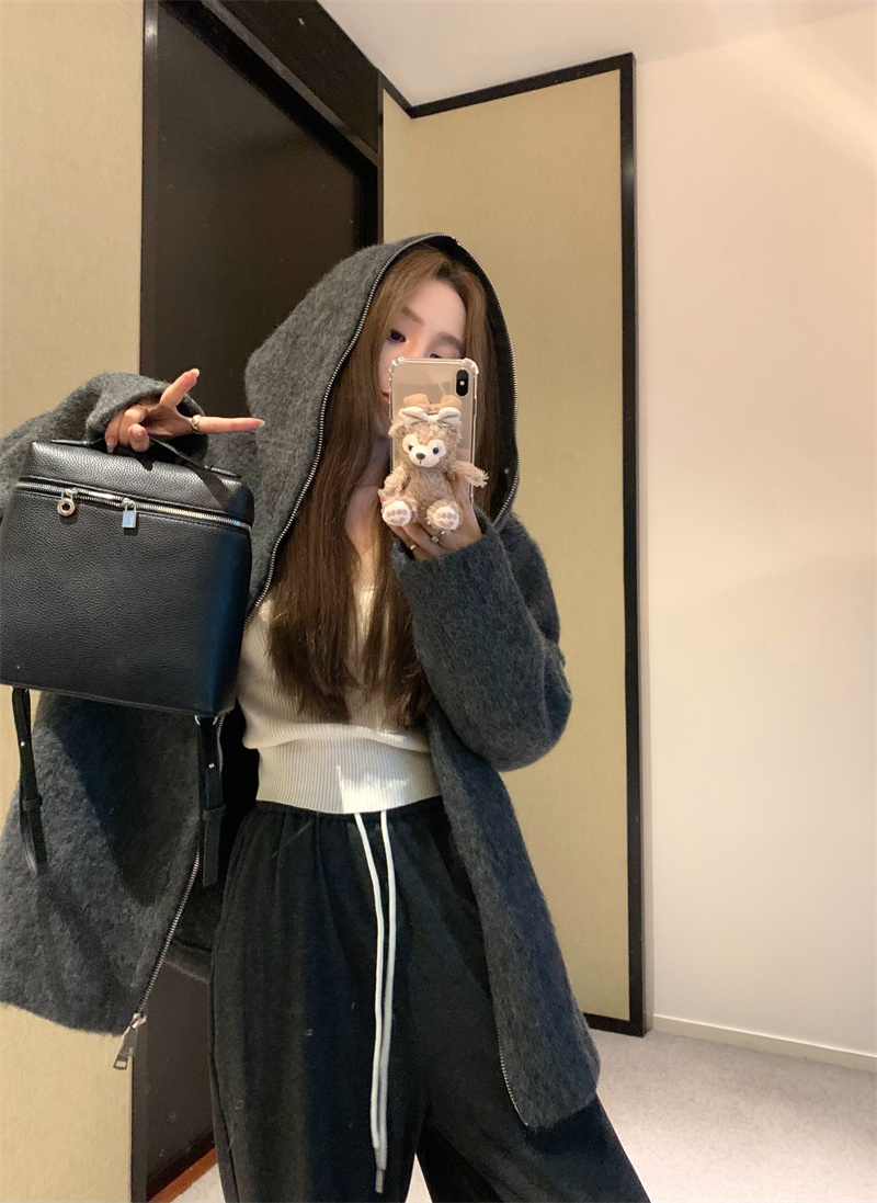 實拍    時尚氣質慵懶風百搭寬鬆拉鏈灰色外套