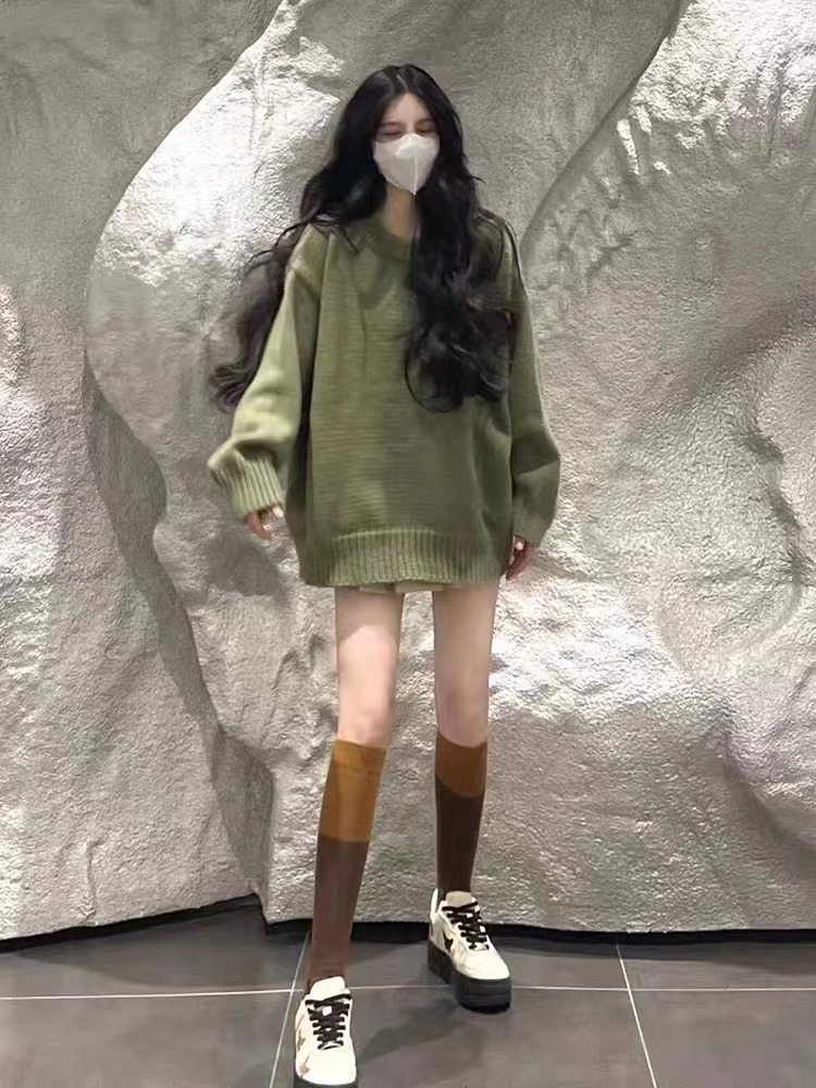 秋冬復古綠ins慵懶風圓領套頭毛衣女寬鬆加厚長袖針織衫上衣