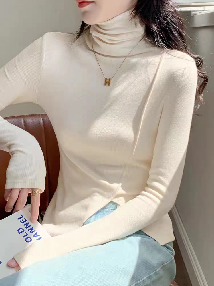 1*1螺紋德絨磨毛加厚半高領長袖打底衫女秋冬新款弧形下擺短上衣