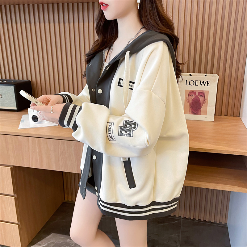 實拍 加絨寬鬆連帽棒球服外套女秋冬小眾撞色拼接卡通刺繡開衫