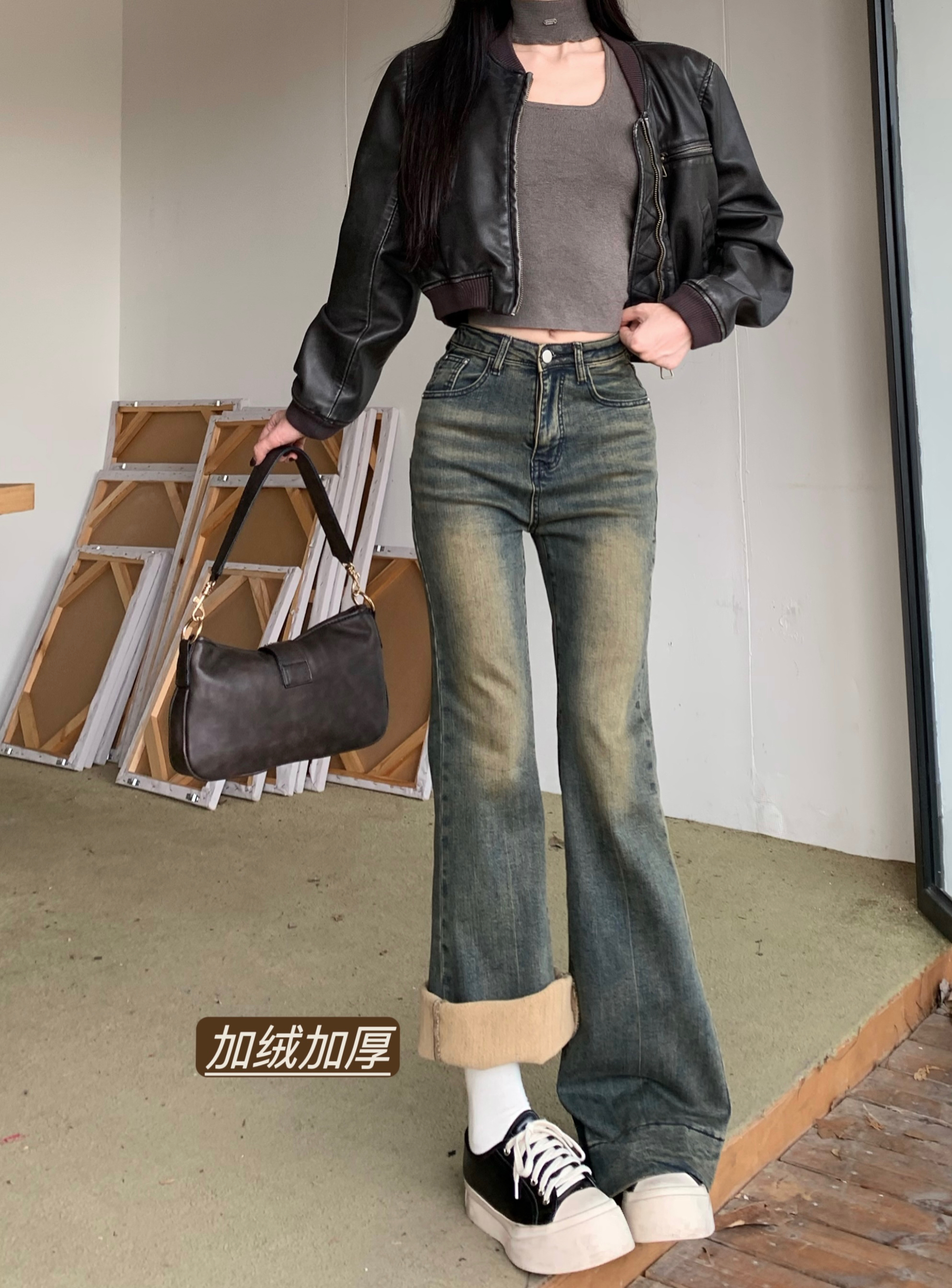 實拍高腰彈力微喇加厚加絨牛仔褲