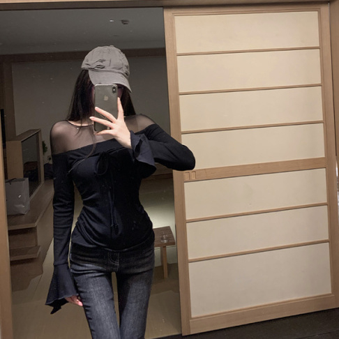 網紗德絨 打底衫女春季設計感內搭修身性感透視T恤辣妹風長袖