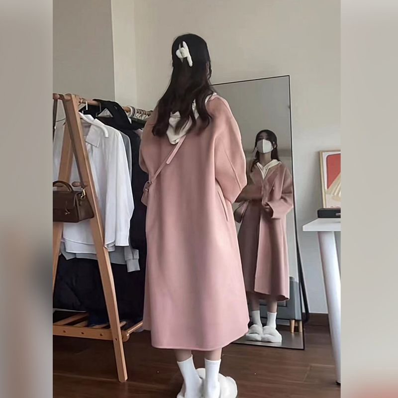 Woolen coat women's 2023 winter new style medium-length pink temperament sweet knee-high thick woolen coat