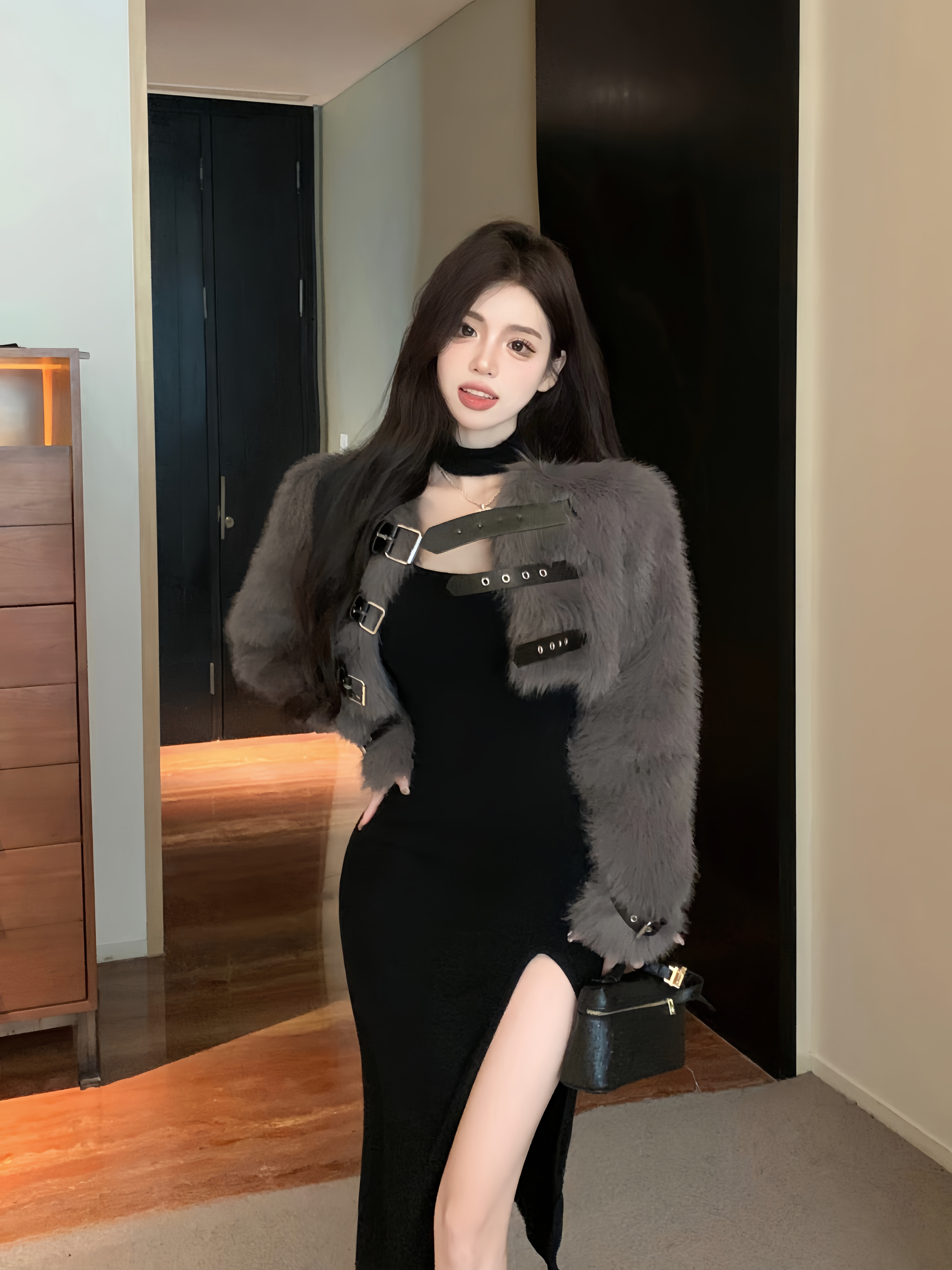 Actual shot, belt design, short slim plush jacket, sexy butt-covering plus velvet dress two-piece set