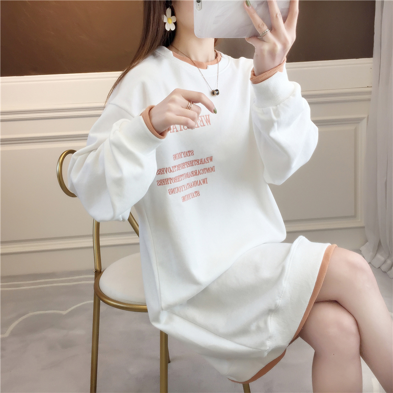 實拍 秋季韓版寬鬆圓領字母刺繡假兩件長款大碼女裝薄款衛衣女