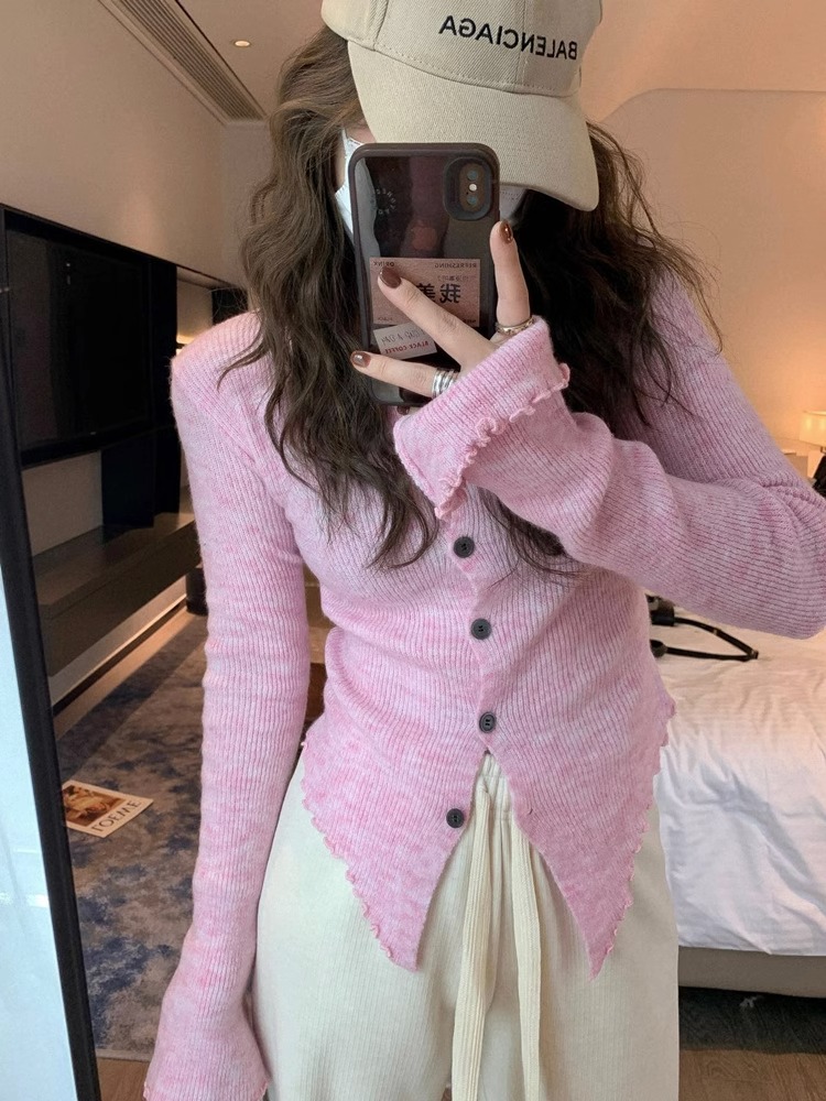 灰色不規則針織打底衫女秋冬新款設計感小眾修身顯瘦收腰內搭上衣