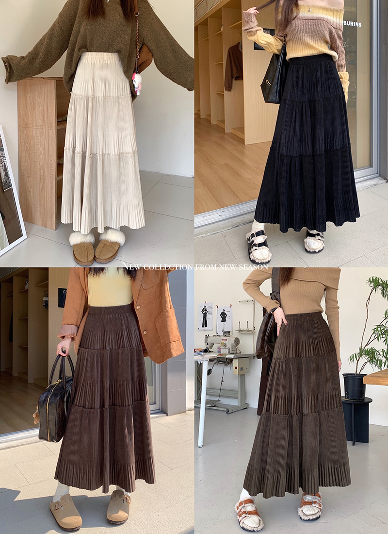Real shot 2023 autumn and winter new pleated skirt women's slim elastic waist versatile drape mid-length skirt