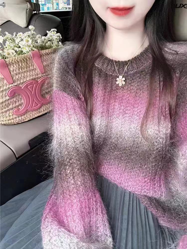 法式高級感馬海毛寬鬆漸變毛衣女秋冬慵懶風奶fufu針織衫上衣