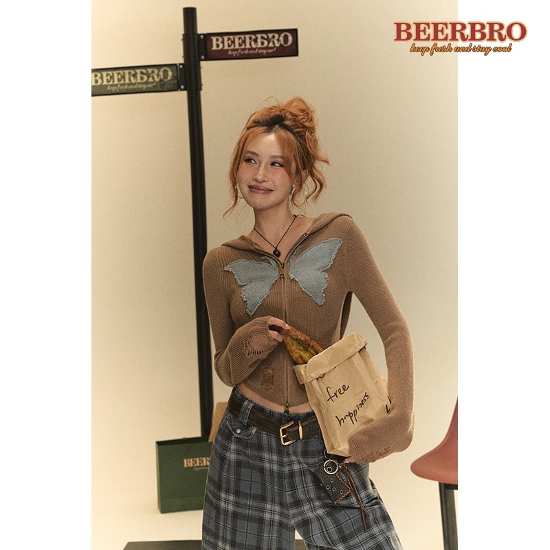 BeerBro 美式辣妹蝴蝶開衫毛衣女磨破修身連帽針織衫