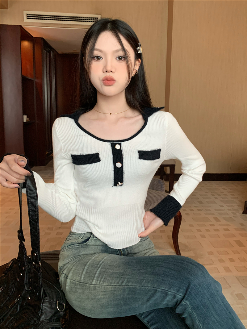 實拍 法式翻U領設計感拼色毛毛長袖針織衫
