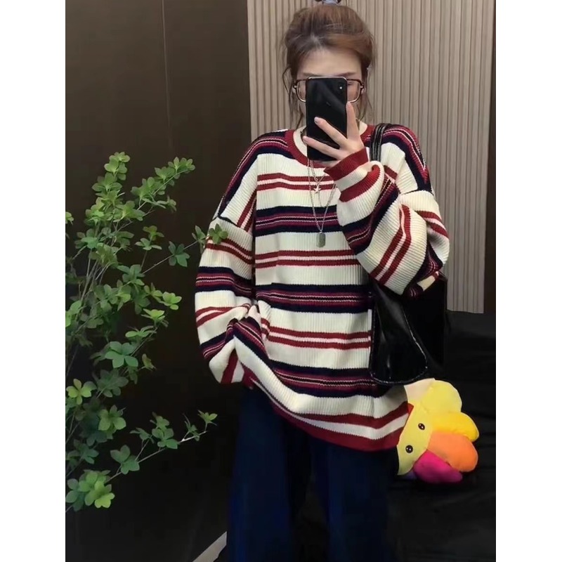 2023網紅韓系休閒簡約寬鬆撞色條紋毛衣秋冬季時尚百搭上衣女