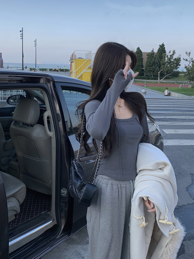 雙面德絨長袖T恤女秋冬新款方領內搭百搭修身修身短款打底衫潮