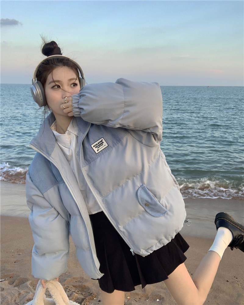 實拍 韓系設計感貼標燈芯絨拼接加厚情侶棉服外套