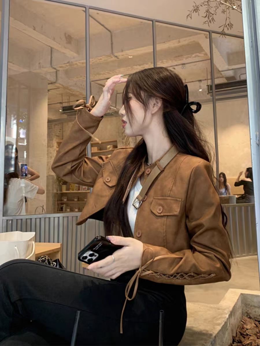 設計感棕色復古皮衣外套女2023春季小個子港風短款pu鹿皮夾克上衣