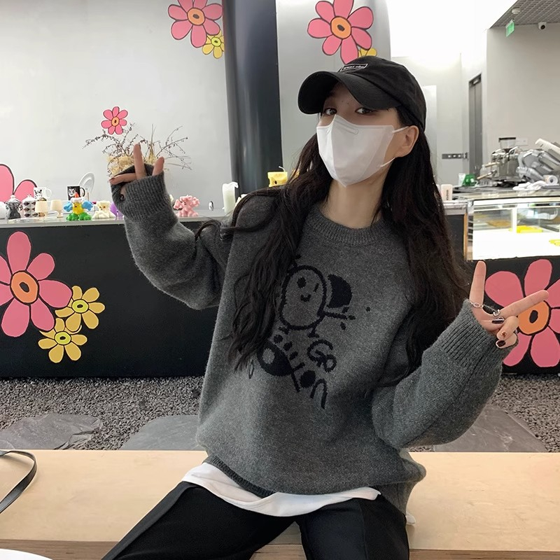 Loose lazy style sweater for women 2023 new autumn and winter Korean style pullover sweater cute graffiti long-sleeved top for women