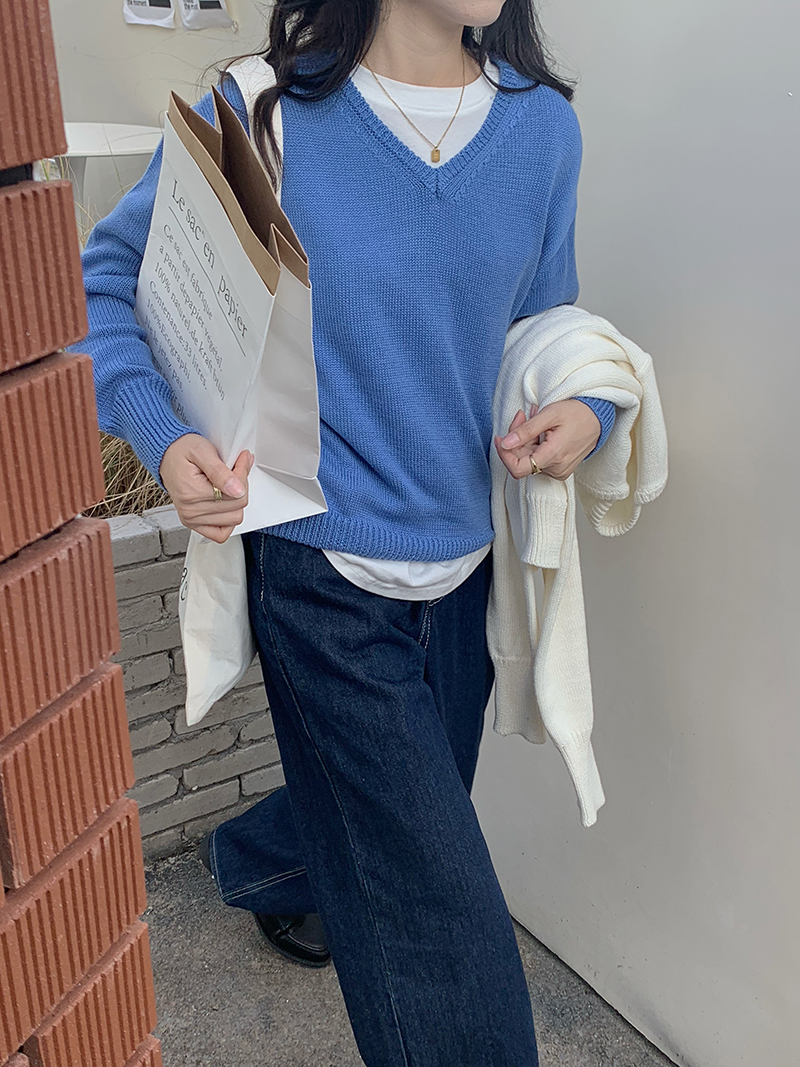 實拍三標齊簡約V領寬鬆減齡內搭外穿套頭毛衣女