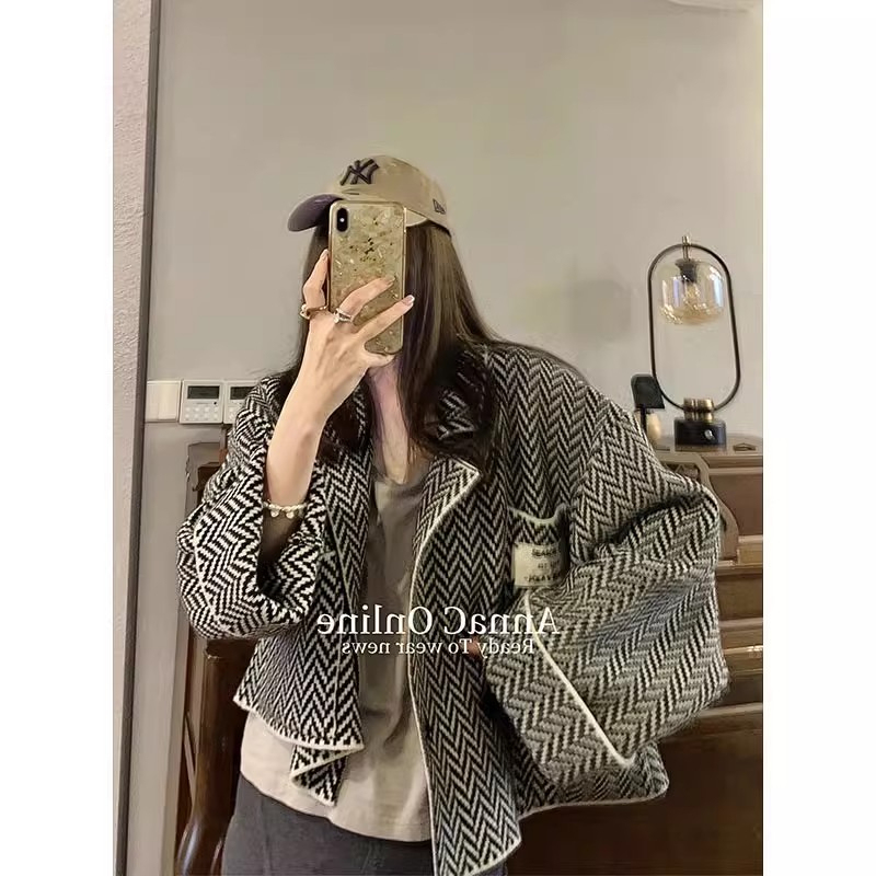春秋季小香風針織短外套女韓版寬鬆千鳥格顯瘦高級設計感小眾上衣