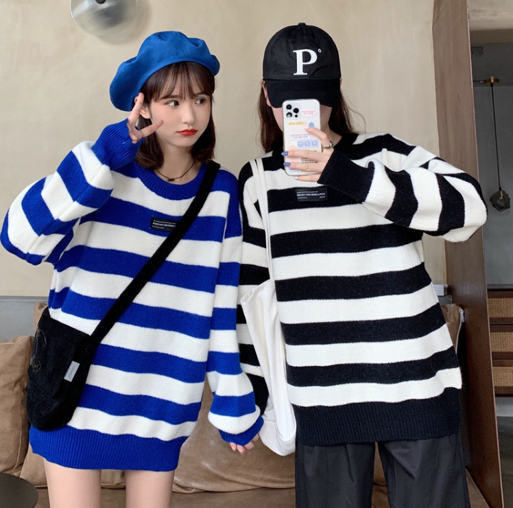 秋冬裝新款慵懶風大碼女裝胖MM條紋寬鬆加厚毛衣L-4XL200斤