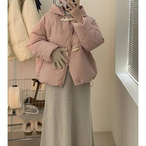新款2023年棉服女短款韓版小個子牛角扣紅色冬裝外套