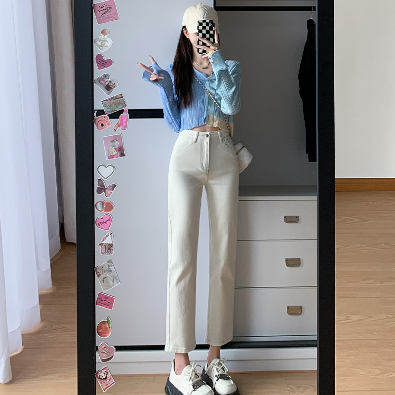 彈力白色牛仔褲女直筒百搭八分九分長褲春季簡約顯瘦煙管長褲潮