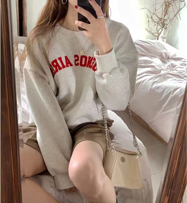 純棉複合 小個子短款衛衣女秋冬裝寬鬆慵懶風長袖圓領上衣