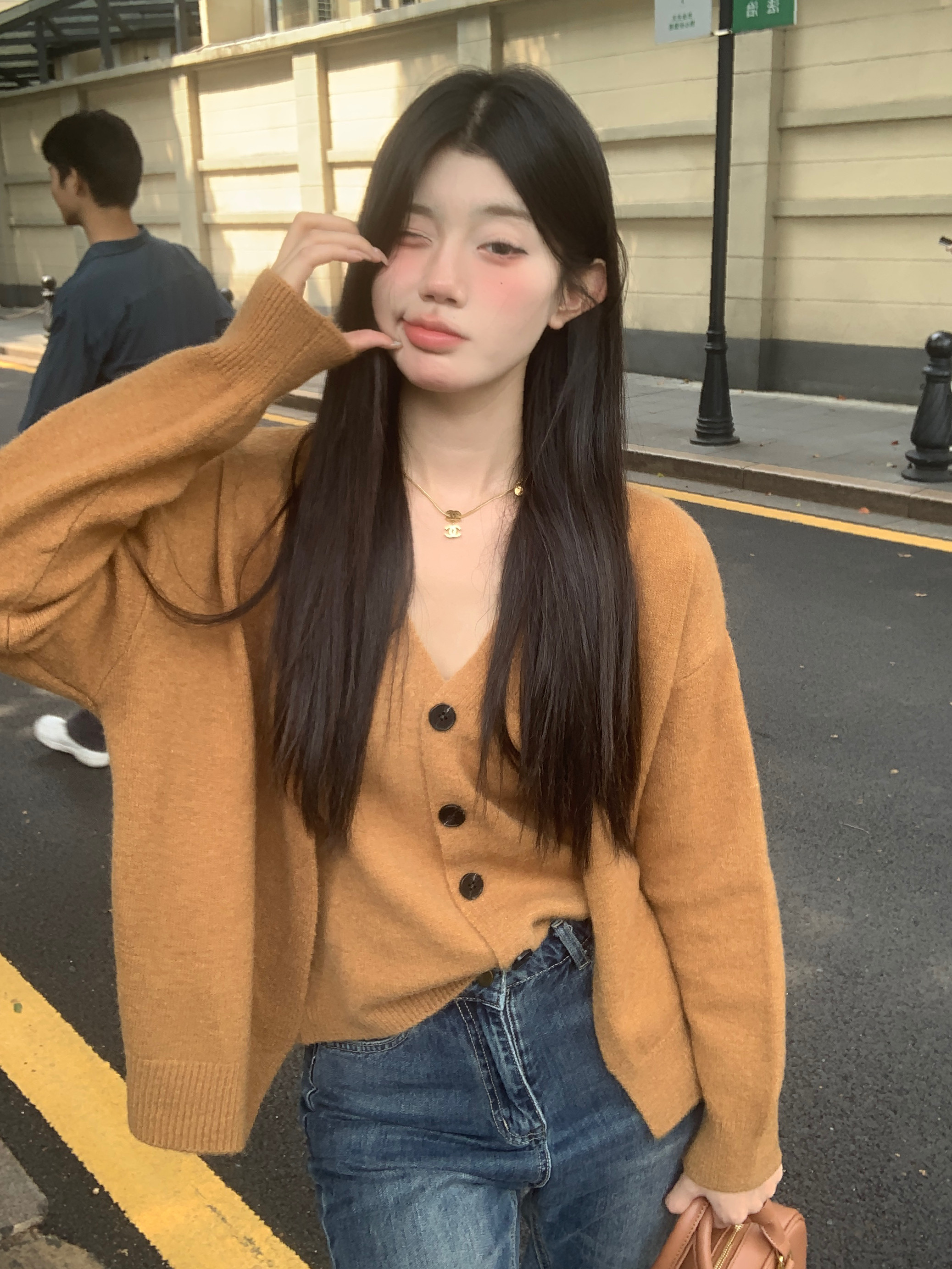 實拍秋冬復古v領單排扣馬甲+慵懶風開衫外套寬鬆毛衣針織套裝