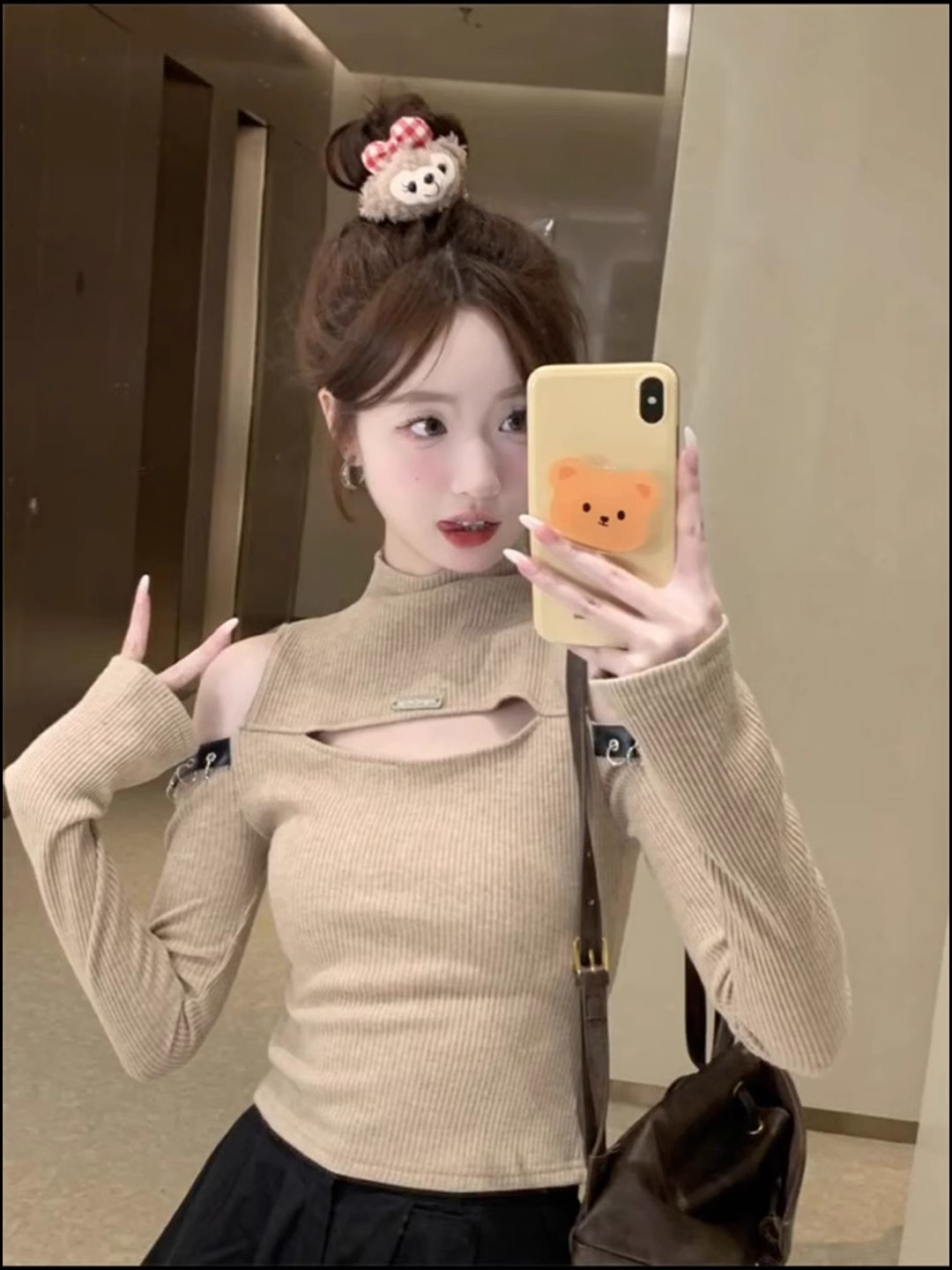 美式復古辣妹半高領性感鏤空短款打底衫女上衣設計感長袖t恤早秋