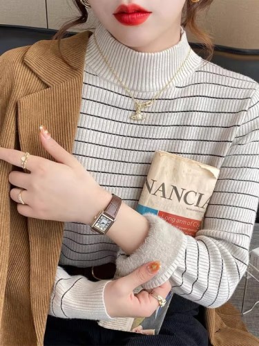 Half turtleneck plus velvet bottoming shirt for women in autumn and winter, long-sleeved thickened knitted top, slim one-piece velvet striped sweater